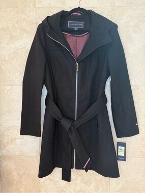 TOMMY HILFIGER Hooded Zip Coat Medium NWT Black Belted Classic